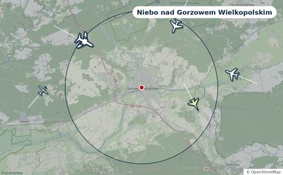 Mapa okolic miasta z sylwetkami samolotów — Niebo nad Gorzowem Wielkopolskim na żywo