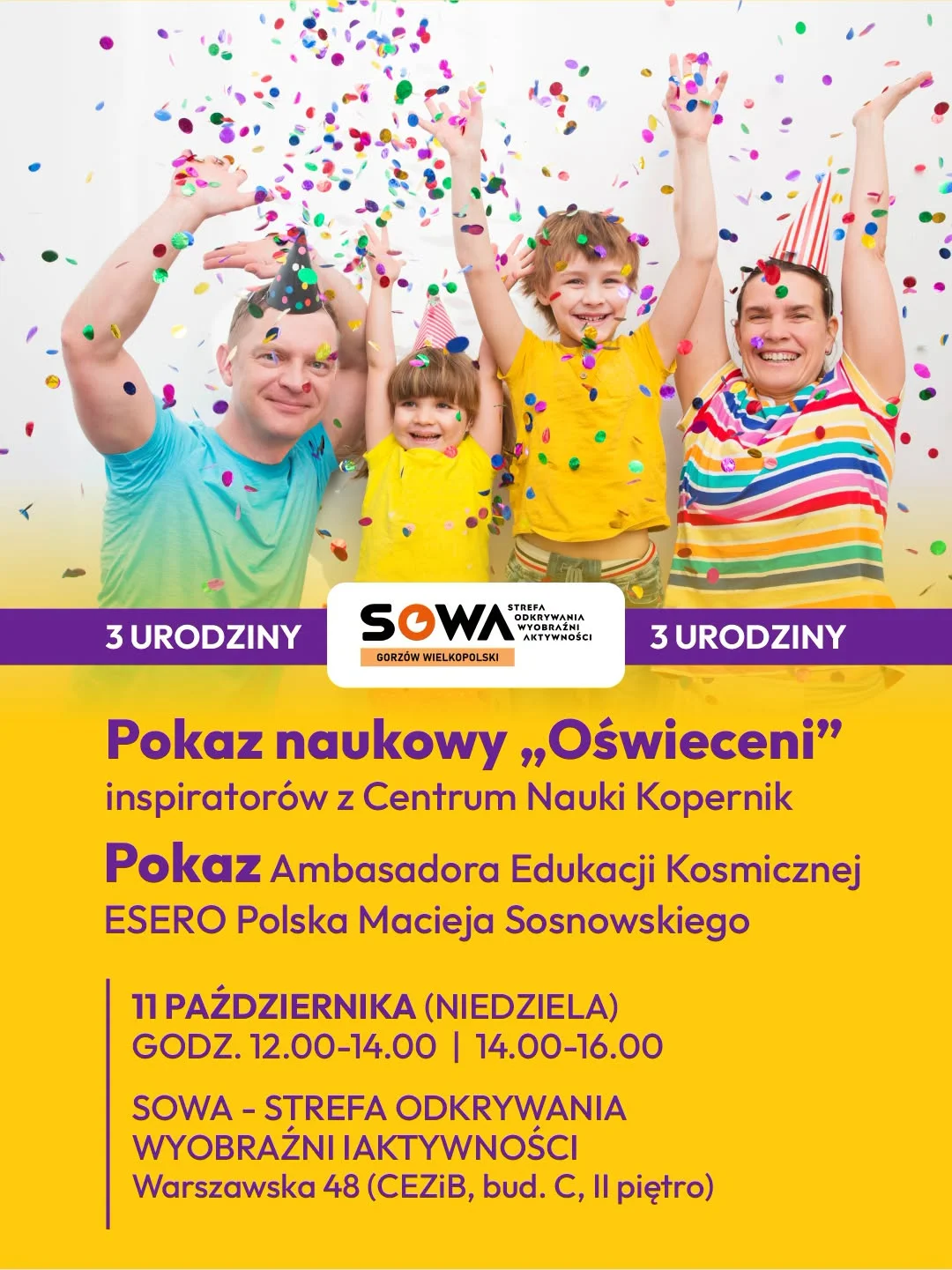 Grafika promocyjna wydarzenia 3. urodziny SOWA Gorzów Wielkopolski