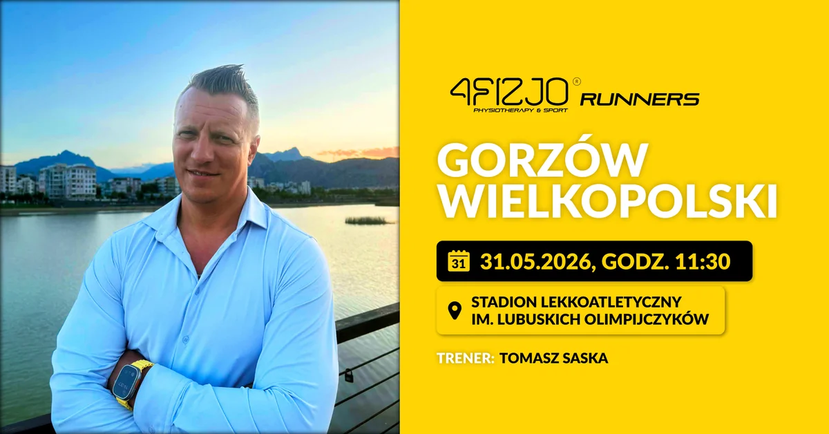 Grafika promocyjna wydarzenia 4FIZJO Runners Gorzów Wielkopolski – pierwszy otwarty trening biegowy w mieście