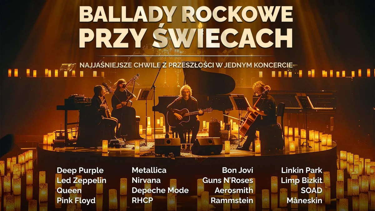 Grafika promocyjna wydarzenia Ballady rockowe przy świecach — koncert w Filharmonii Gorzowskiej