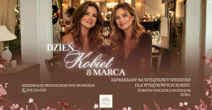Grafika promocyjna wydarzenia Dzień Kobiet w il Pavone — specjalne menu i muzyka na żywo 6–8 marca