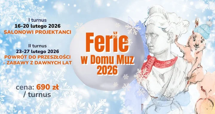 Grafika promocyjna wydarzenia Ferie w Domu Muz 2026 — kreatywne półkolonie w Muzeum Lubuskim