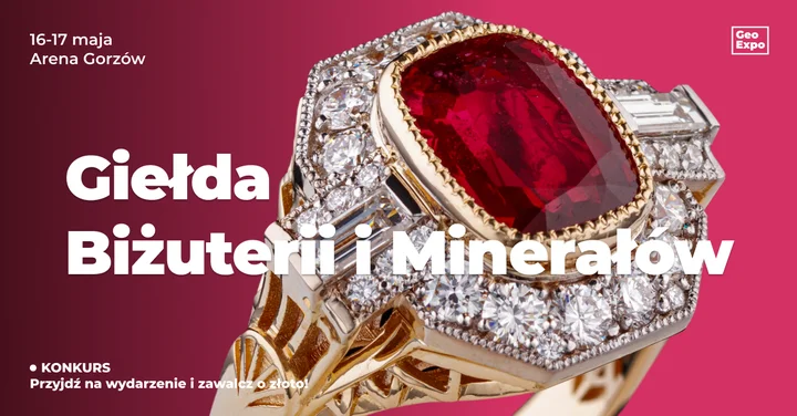 Grafika promocyjna wydarzenia Giełda Biżuterii, Minerałów i Skamieniałości GeoExpo — Gorzów Wlkp., 16–17 maja 2026