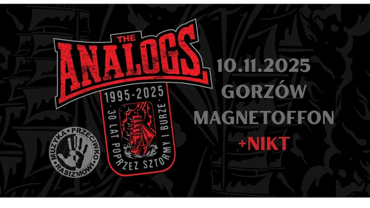 Grafika promocyjna wydarzenia THE ANALOGS w Gorzowie — 30‑lecie: THE ANALOGS + Nikt + As One (MagnetOffOn)