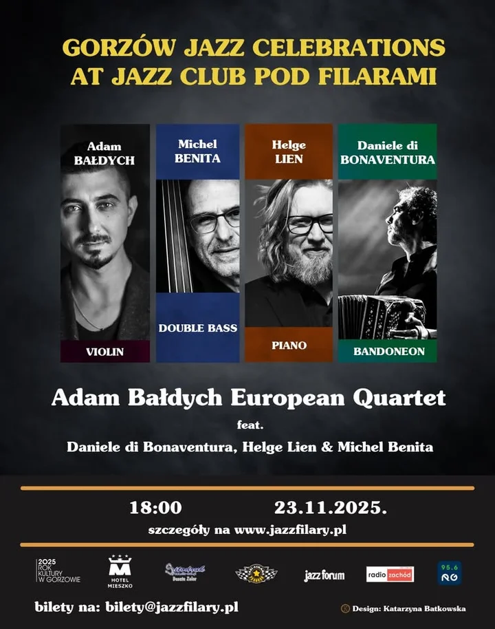 Obrazek przedstawia grafikę promocyjną wydarzenia Koncert Adama Bałdycha z European Quartet w Gorzowie
