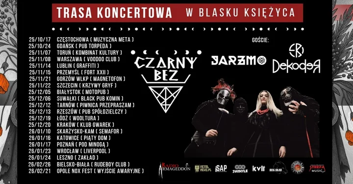 Obrazek przedstawia grafikę promocyjną wydarzenia Koncerty: Czarny Bez z gośćmi Jarzmo i Dekoder w Gorzowie