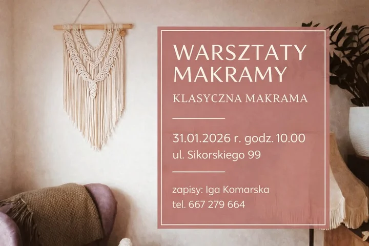 Grafika promocyjna wydarzenia Makrama w stylu boho — warsztaty rękodzieła w Gorzowie Wielkopolskim