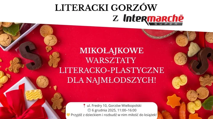 Grafika promocyjna wydarzenia Mikołajkowe Warsztaty Literacko‑Plastyczne dla Najmłodszych (Literacki Gorzów)