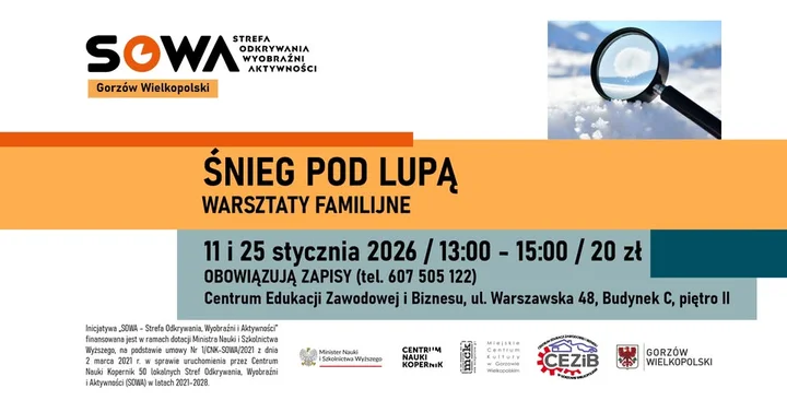 Grafika promocyjna wydarzenia Śnieg pod lupą – warsztaty familijne SOWA Gorzów Wielkopolski