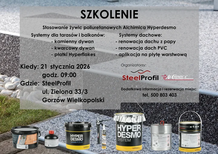 Grafika promocyjna wydarzenia Steelprofil oddział Gorzów Wlkp. — szkolenie z aplikacji żywic Alchimica Hyperdesmo