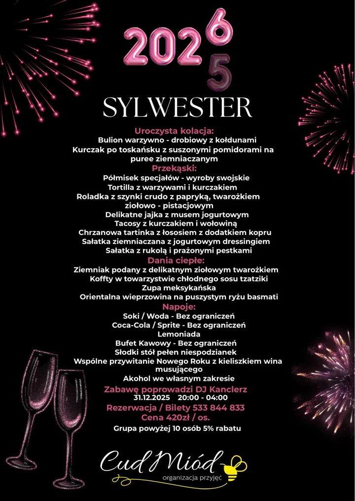 Grafika promocyjna wydarzenia Sylwester 2025/2026 w Cud Miód — koncert DJ Kanclerza w Gorzowie