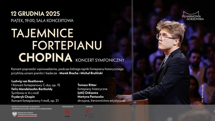 Grafika promocyjna wydarzenia TAJEMNICE FORTEPIANU CHOPINA — koncert fortepianu historycznego
