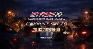 Grafika promocyjna wydarzenia CITYRAID Gorzów Wielkopolski — samochodowa gra orientacyjna wieczorem
