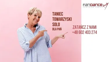 Grafika promocyjna wydarzenia SOLO DANCE — taniec towarzyski dla pań 50+: od podstaw i dla roztańczonych