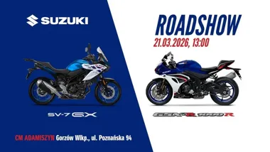 Grafika promocyjna wydarzenia Suzuki ROADSHOW 2026 Gorzów Wlkp. — premiera SV-7GX i GSX‑R1000R