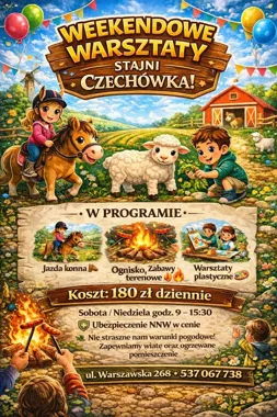 Grafika promocyjna wydarzenia Weekendowe warsztaty rolne dla dzieci w Zagrodzie Czechówka