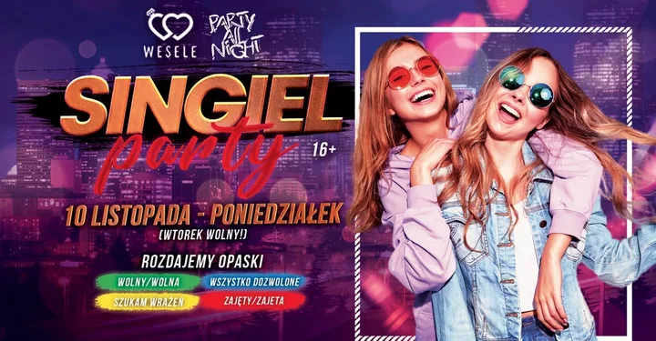 Grafika promocyjna wydarzenia SINGIEL PARTY w Klubie Wesele — impreza integracyjna dla młodych (16+)
