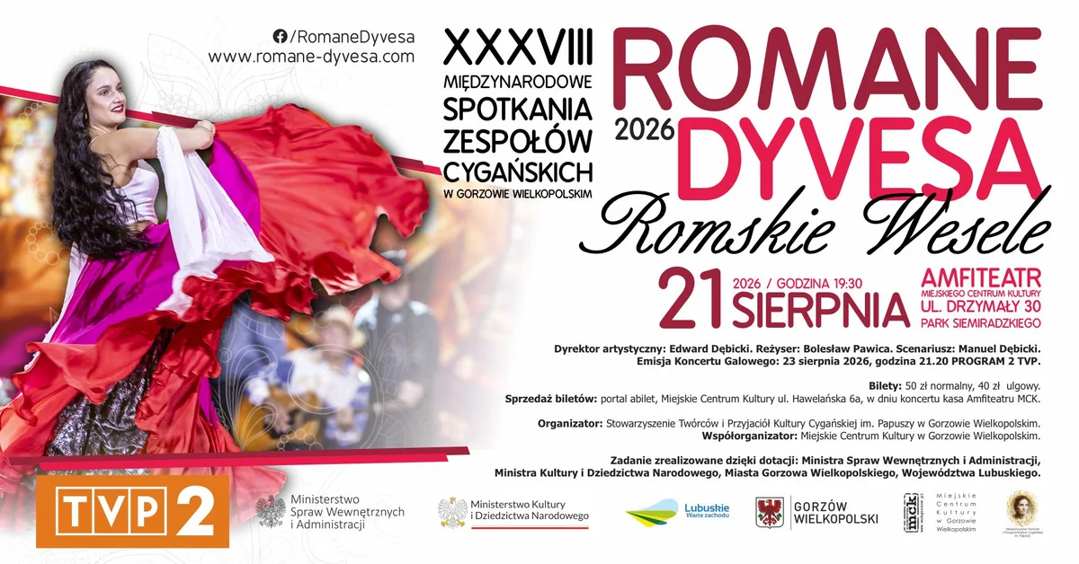 Grafika promocyjna wydarzenia XXXVIII Międzynarodowe Spotkania Zespołów Cygańskich Romane Dyvesa w Gorzowie