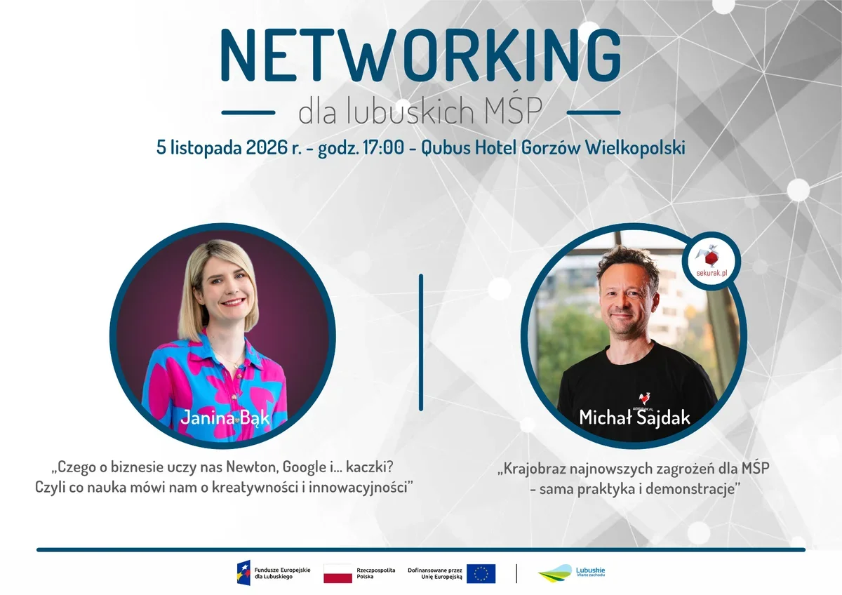 Plakat promujący networking dla lubuskich MŚP z portretami dwóch prelegentów, datą, miejscem i tematami wystąpień.
